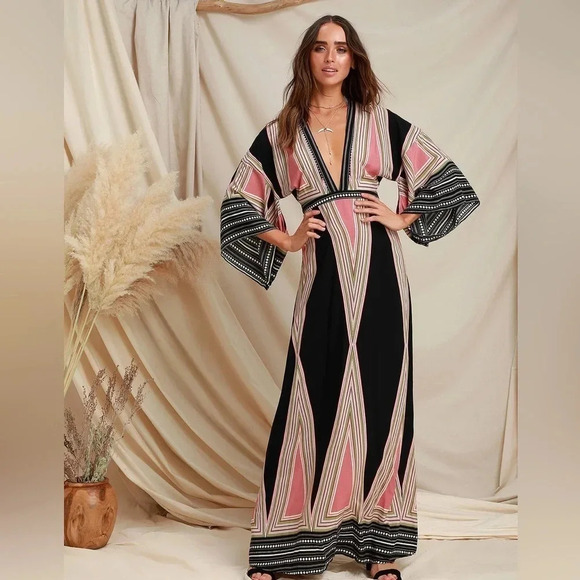 Lulus Montecito Black Geometric Print Maxi Dress Womens size S - Picture 3 of 13